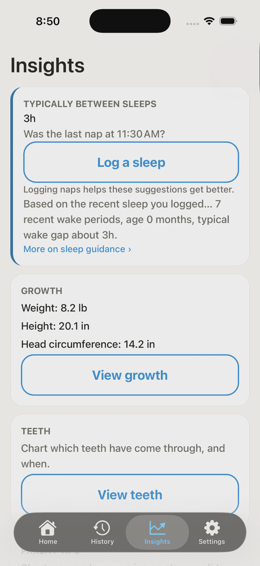 SnuggleWise sleep and growth insights screen